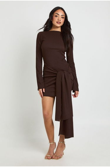 Texture Wrap Tie Front Mini Dress - chocolate