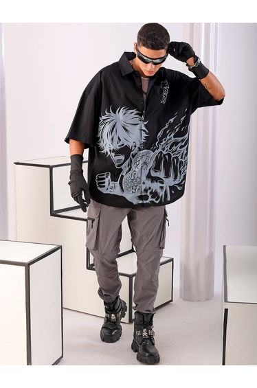 Men Black Graphic Print Spread Collar Shirt