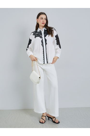 Women White Lace Trim Shirt