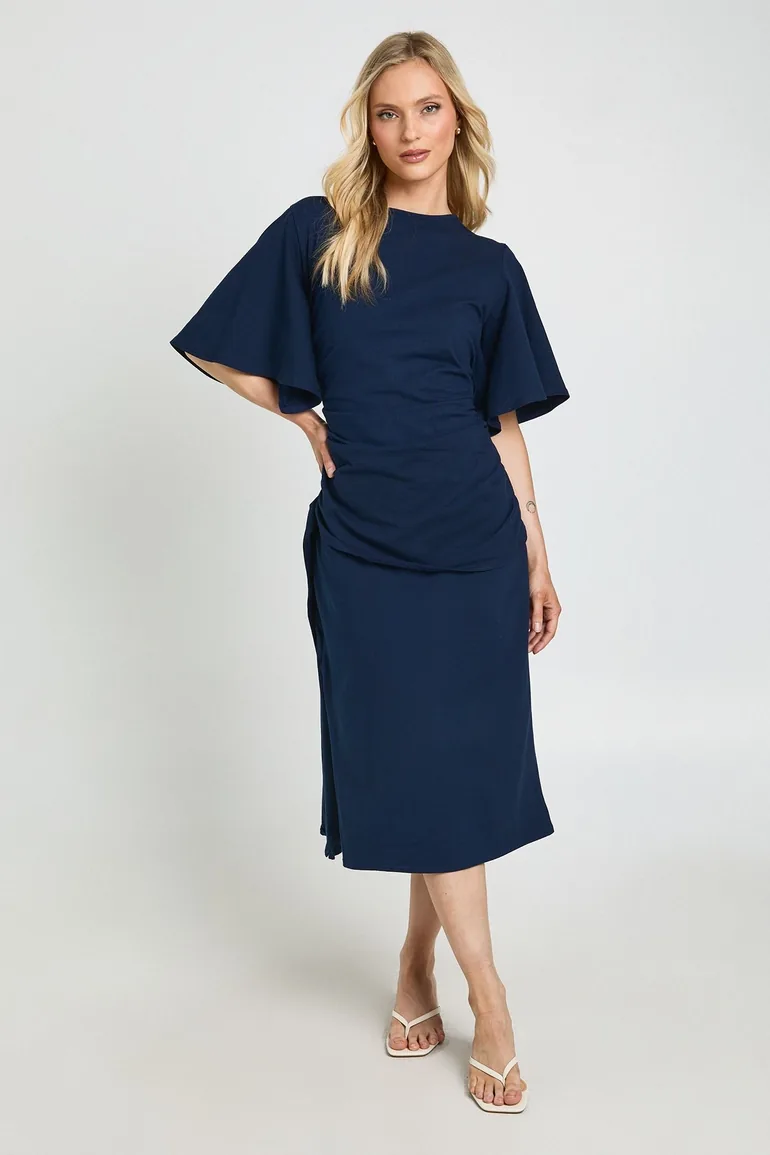 Petite Cape Drape Detail Midaxi T-shirt Dress - navy