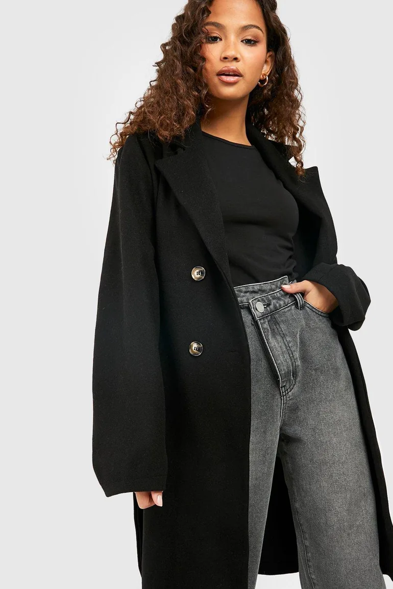 Belted Double Breasted Wool Look Coat - black