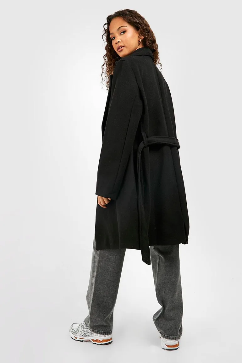 Belted Double Breasted Wool Look Coat - black - 1