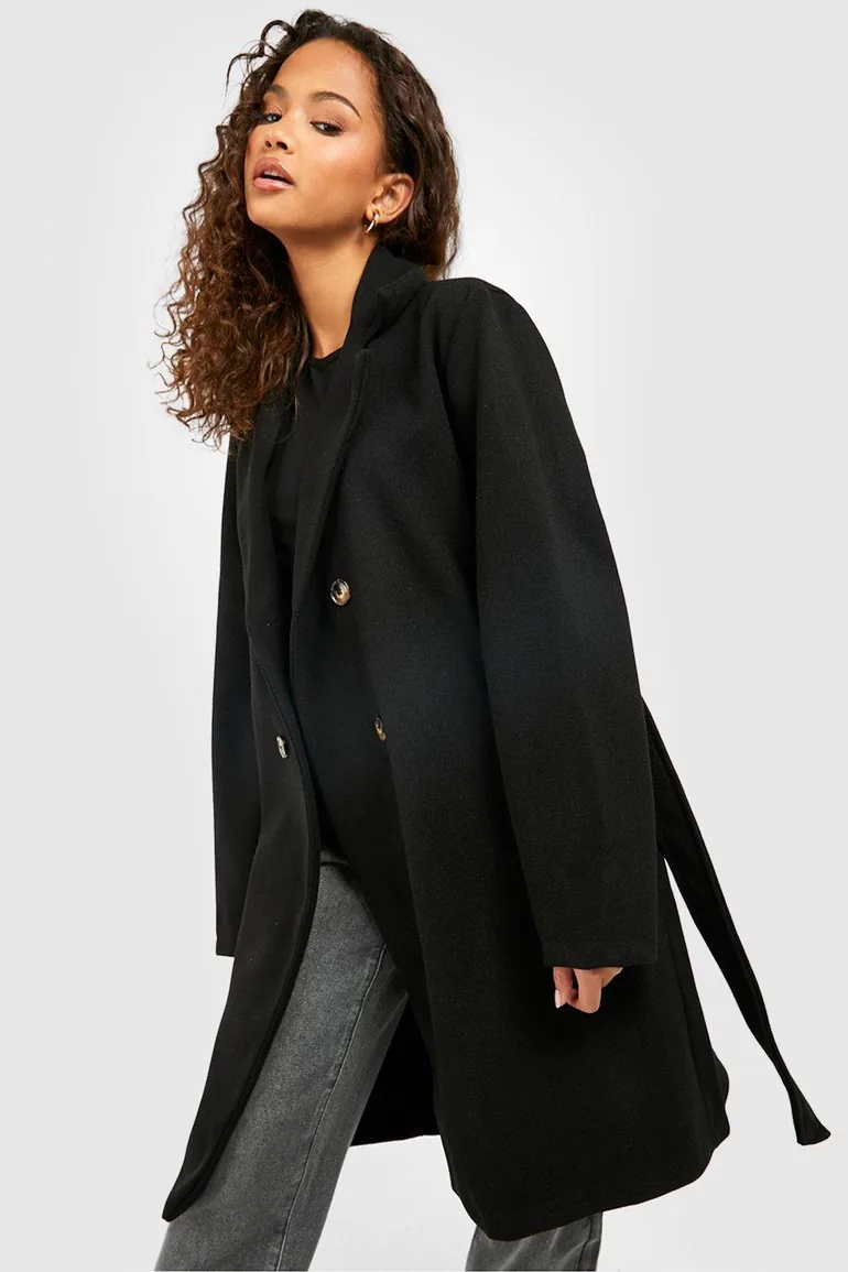 Belted Double Breasted Wool Look Coat - black - 2