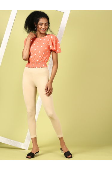 Beige Knitted Cotton Blend Leggings
