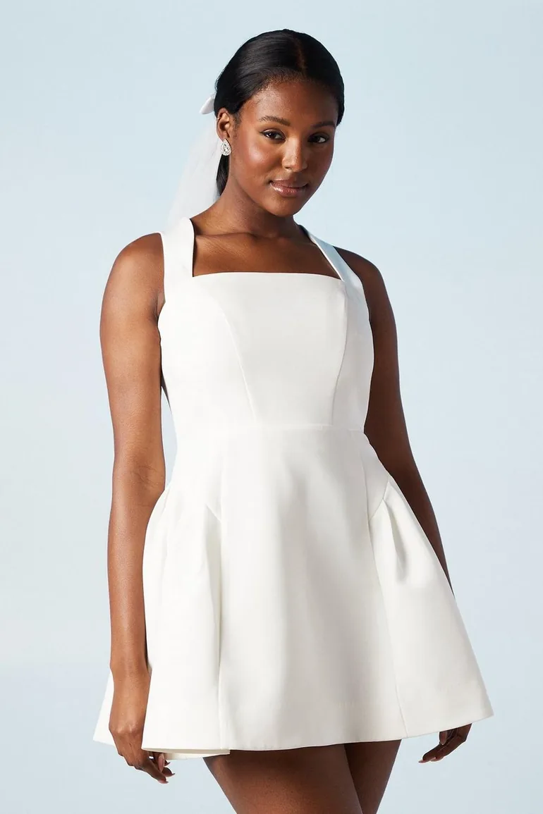 Drop Waist Bow Back Structured Crepe Bridal Mini Dress Coast Fashion White  : Bridal Dresses : VogaCloset Iraq