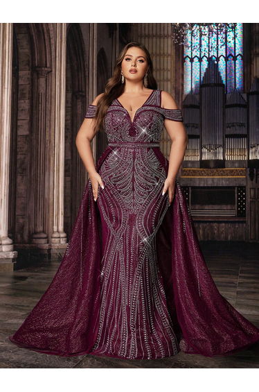 Dignified Elegant Solid Color Plus Size V-Neck Sleeveless Gown Dress