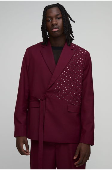 Embellished Wrap Buckle Blazer - red