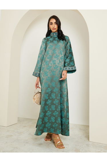 Women Stand Collar Jacquard Jalabiya With Lace Trim