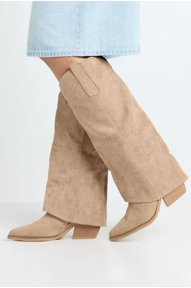 Faux Suede Embroidered Fold Over Western Boots - taupe