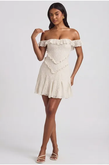 Off-Shoulder Lace A-Line Mini Dress in Ivory