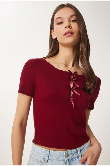 Women's Burgundy Bow Knitted T-Shirt