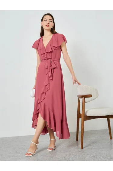 Women Wrap Front Ruffle Maxi Dress
