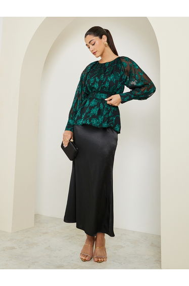 Green Jacquard Floral Long Sleeve Top