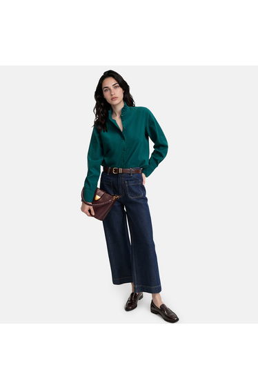 Cotton Seersucker Ruffled Collar Long Sleeve Shirt