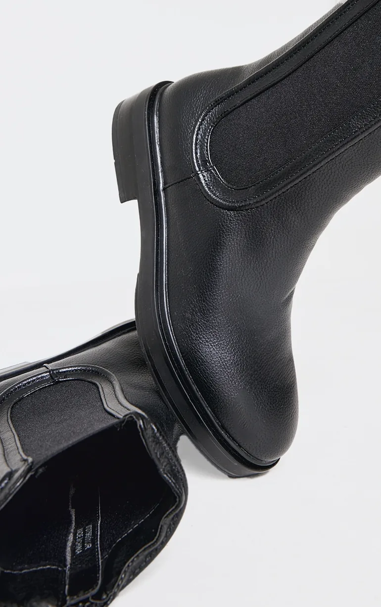 Black Pu Round Toe Chelsea Chunky Ankle Boots - 2