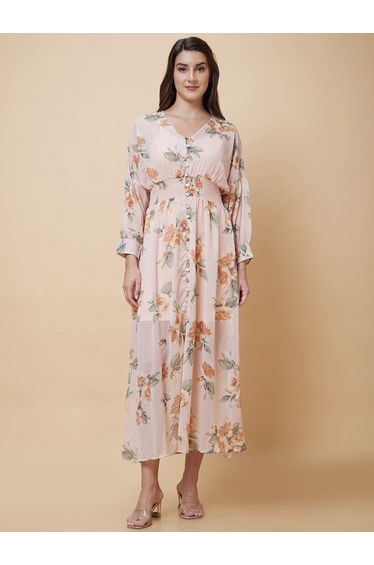 Floral Printed Smocked Detail A-Line Midi Dress