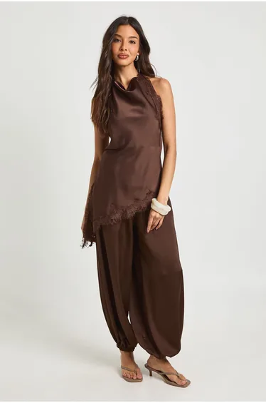 Lace Cowl Asymmetric Top - chocolate