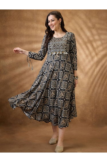 Black Embroidered Yoke Ethnic Motif Fusion Midi Dress
