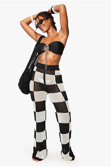 Checkerboard Crochet Wide Leg Beach Trouser - black