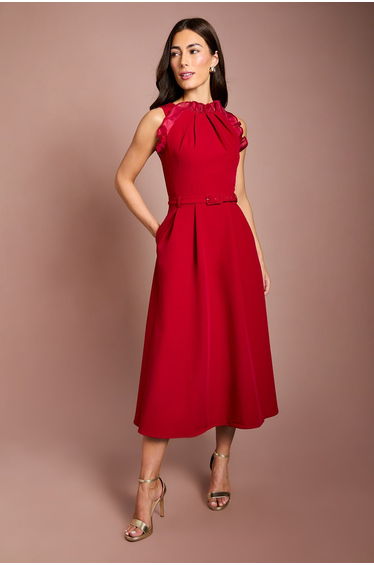 Ruffle Neck Sleeveless Belted Midi Dress