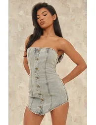 Vintage Wash Curved Hem Button Through Denim Mini Dress