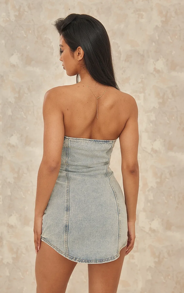 Vintage Wash Curved Hem Button Through Denim Mini Dress - 1