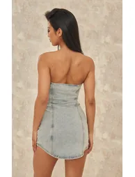 Vintage Wash Curved Hem Button Through Denim Mini Dress - 1
