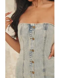 Vintage Wash Curved Hem Button Through Denim Mini Dress - 3