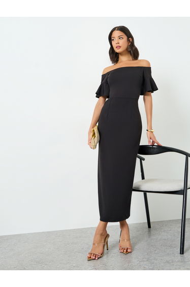 Black Off-Shoulder Sheath Maxi Evening Dress