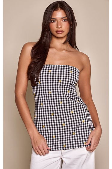 Black Cotton Gingham Embroidered Floaty Bandeau