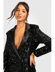 Velvet Sequin Wrap Blazer Party Dress - black - 3