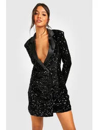 Velvet Sequin Wrap Blazer Party Dress - black