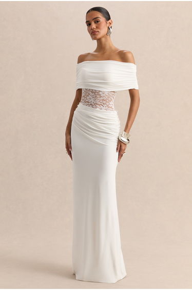 Forsya | White Bardot-Neck Maxi Dress With Lace-Detailing