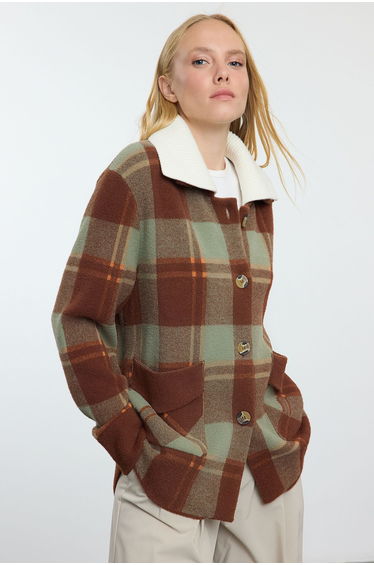 Brown Premium Quality Plaid Jacket/Coat Look Knitwear Cardigan