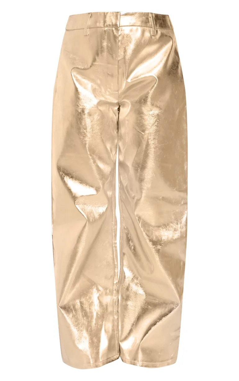 Gold Metallic Faux Leather Straight Leg Tailored Trousers - 4