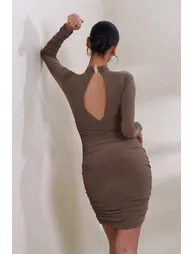 Sofia | Brown Cut Out Ruched Mini Dress With Open Back Detail - 1