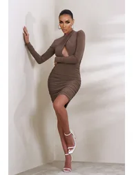 Sofia | Brown Cut Out Ruched Mini Dress With Open Back Detail - 2