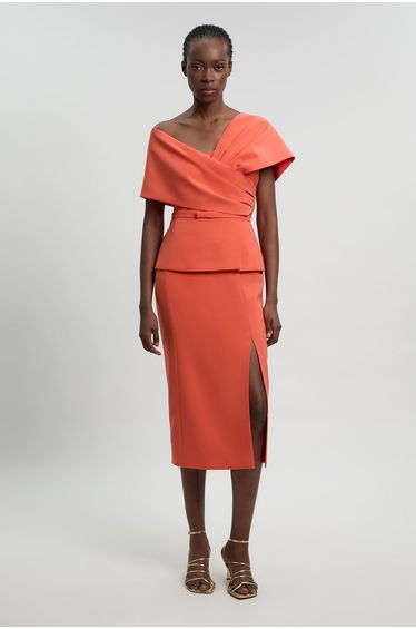 Compact Viscose Stretch Tailored Peplum Midi Dress