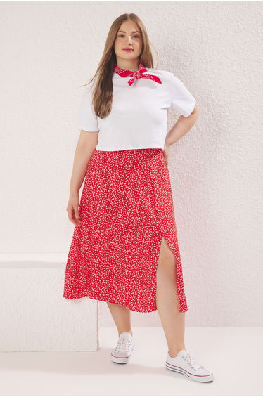 Red Crispy Floral Slit Woven Viscose Skirt