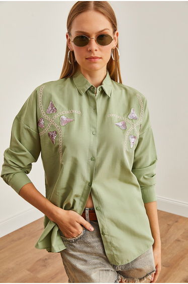 Women's Heart Mold Green Palm Sequin Detailed Woven Shirt