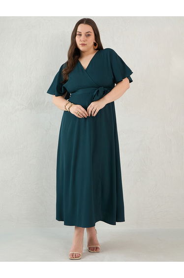 Solid V Neck Kimono Wrap Dress