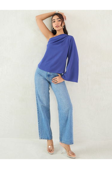 Royal Blue One Shoulder Bell Sleeve Top