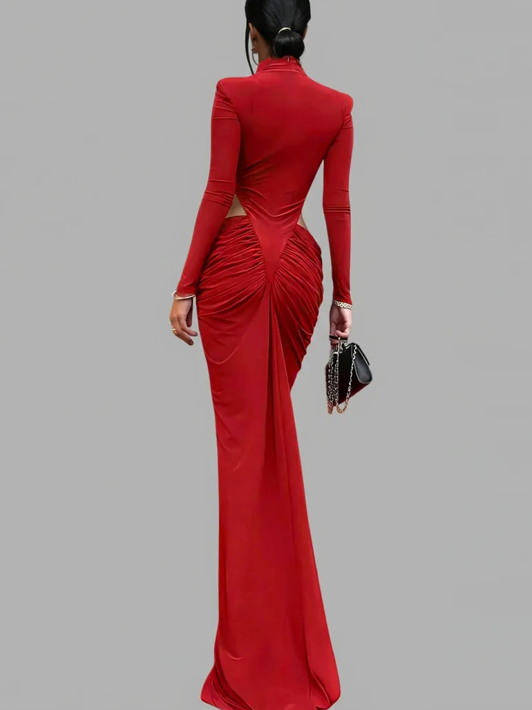 Dualux High Neck Cutout Maxi Dress In Red - 3