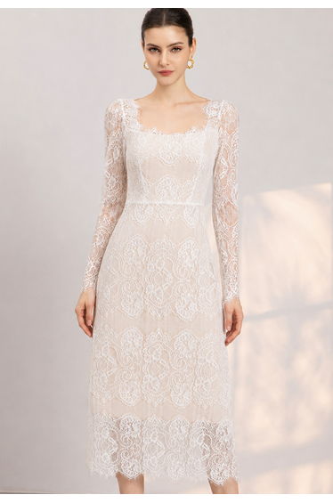 Alluring Floral Lace Overlay Tie-Back Midi Dress in White