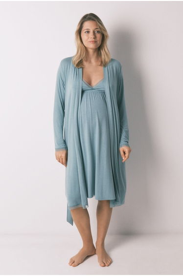 Green ribbed belt long robe maternity