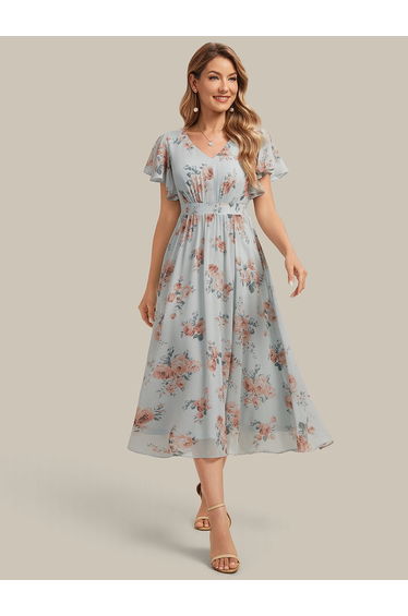 Chiffon Ruffle Sleeve A-Line Wedding Guest Dress