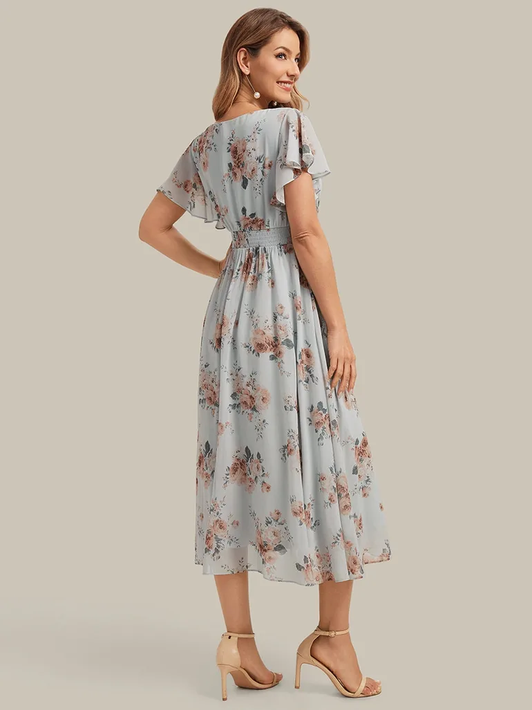Chiffon Ruffle Sleeve A-Line Wedding Guest Dress - 1