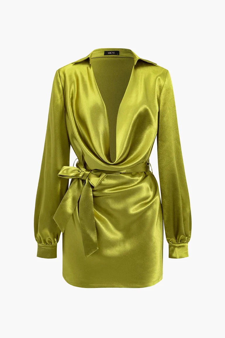 micas satin dress Solid Tie Front Draped Cowl Neck Belted Mini Dress
