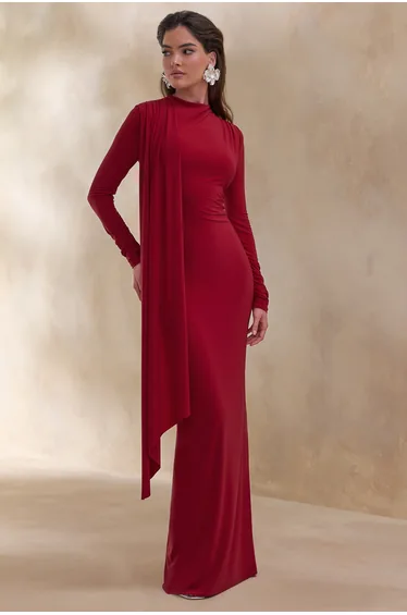 Amaria | Red High-Neck Maxi Dress With Sash-Detail