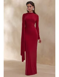 Amaria | Red High-Neck Maxi Dress With Sash-Detail - 4